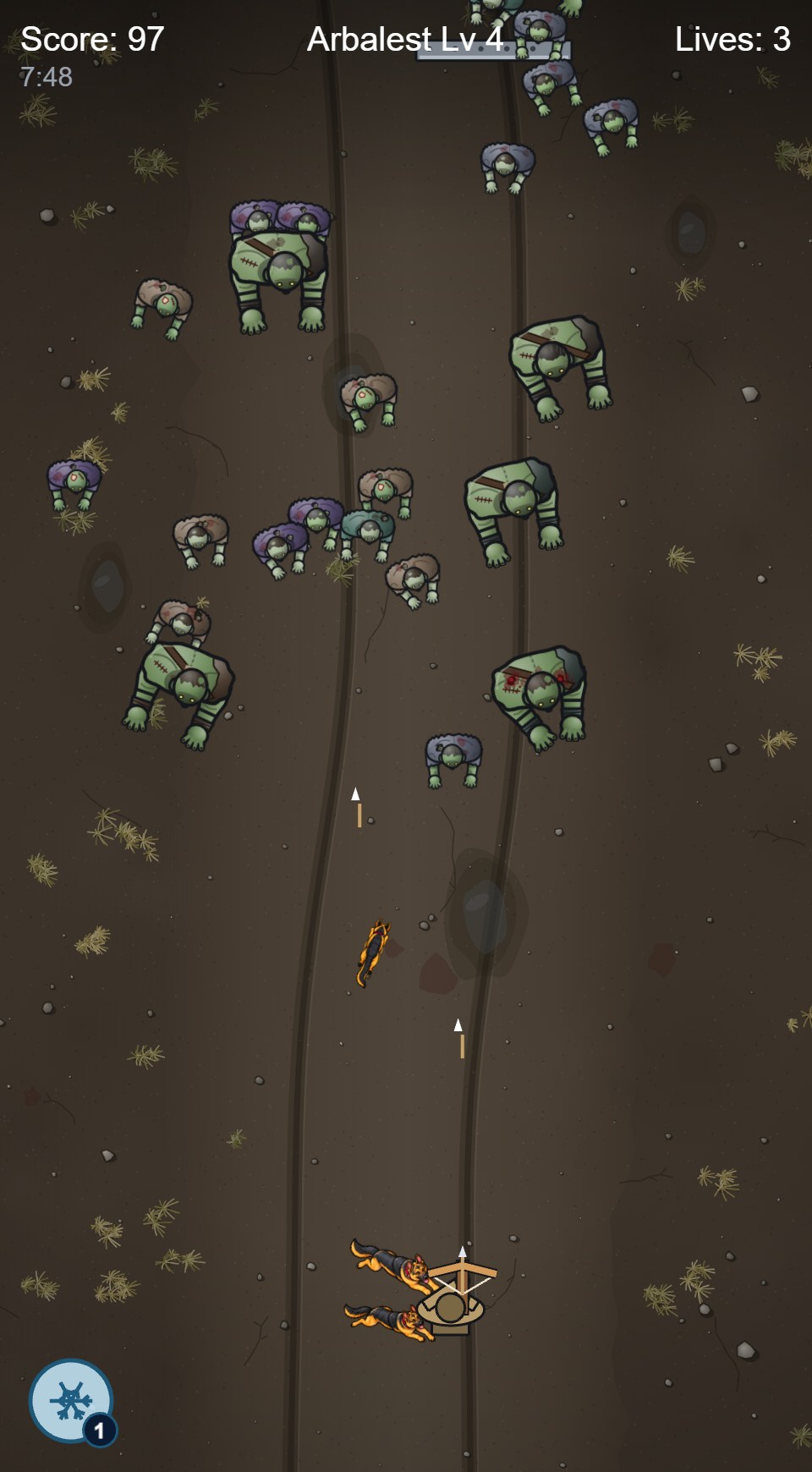 Later gameplay with the arbalest, a large horde, brutes, and shield-bearing zombies.