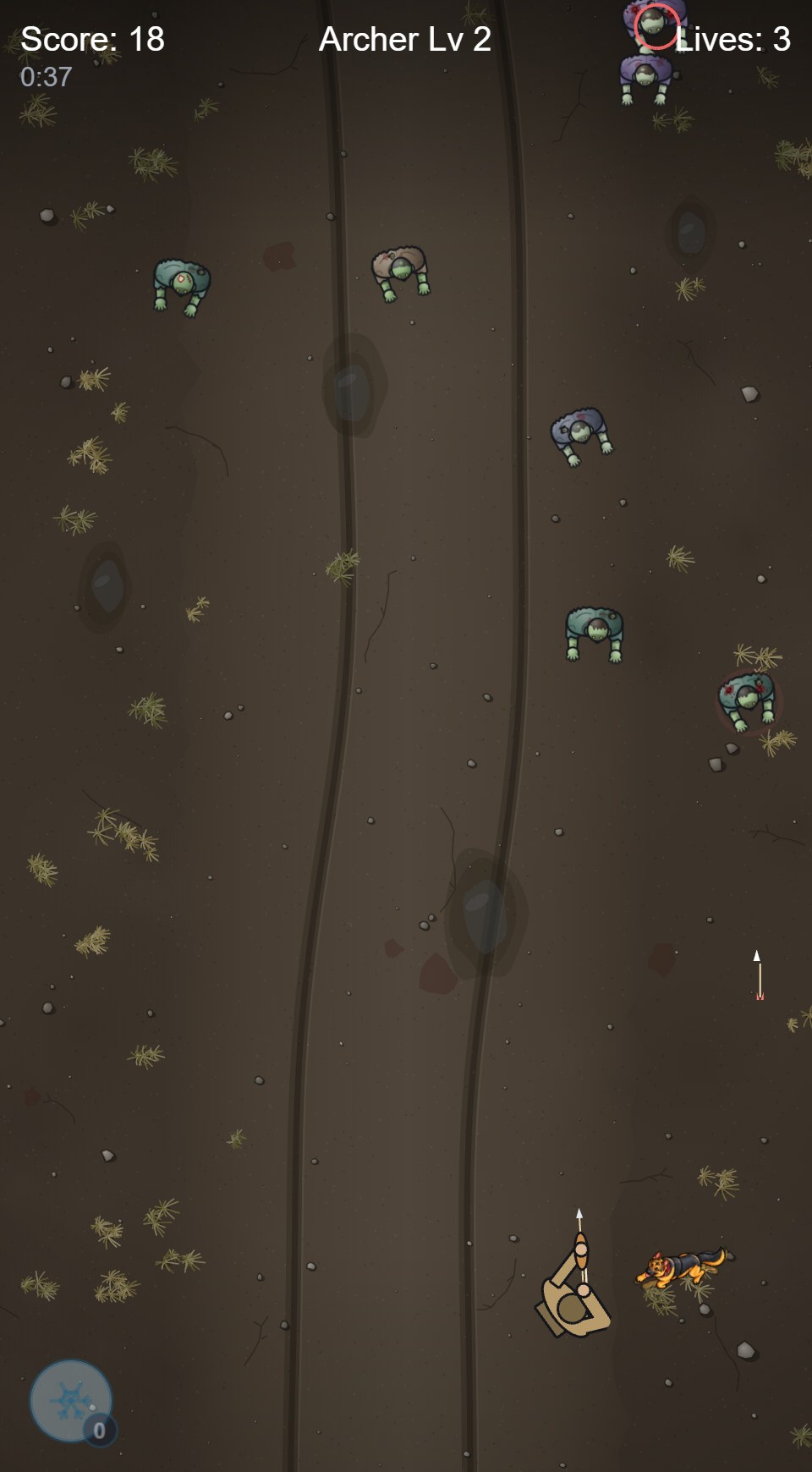 Bow gameplay showing the archer, zombies, a reward bubble, and a guard dog.