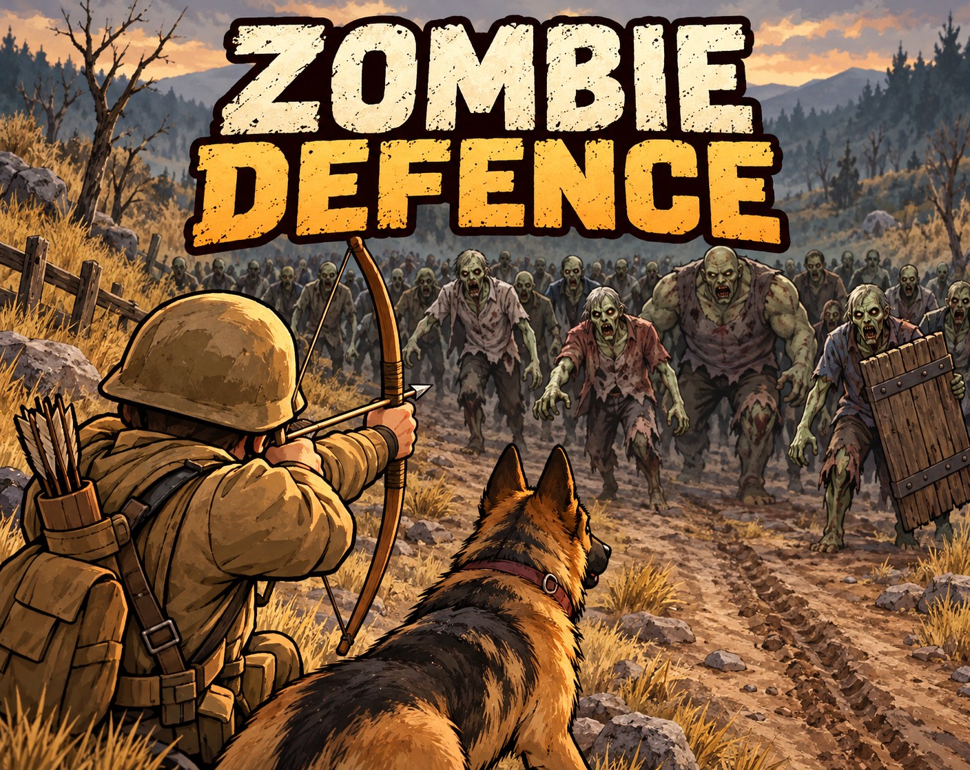An archer and German shepherd face a zombie horde on a muddy mountain road.