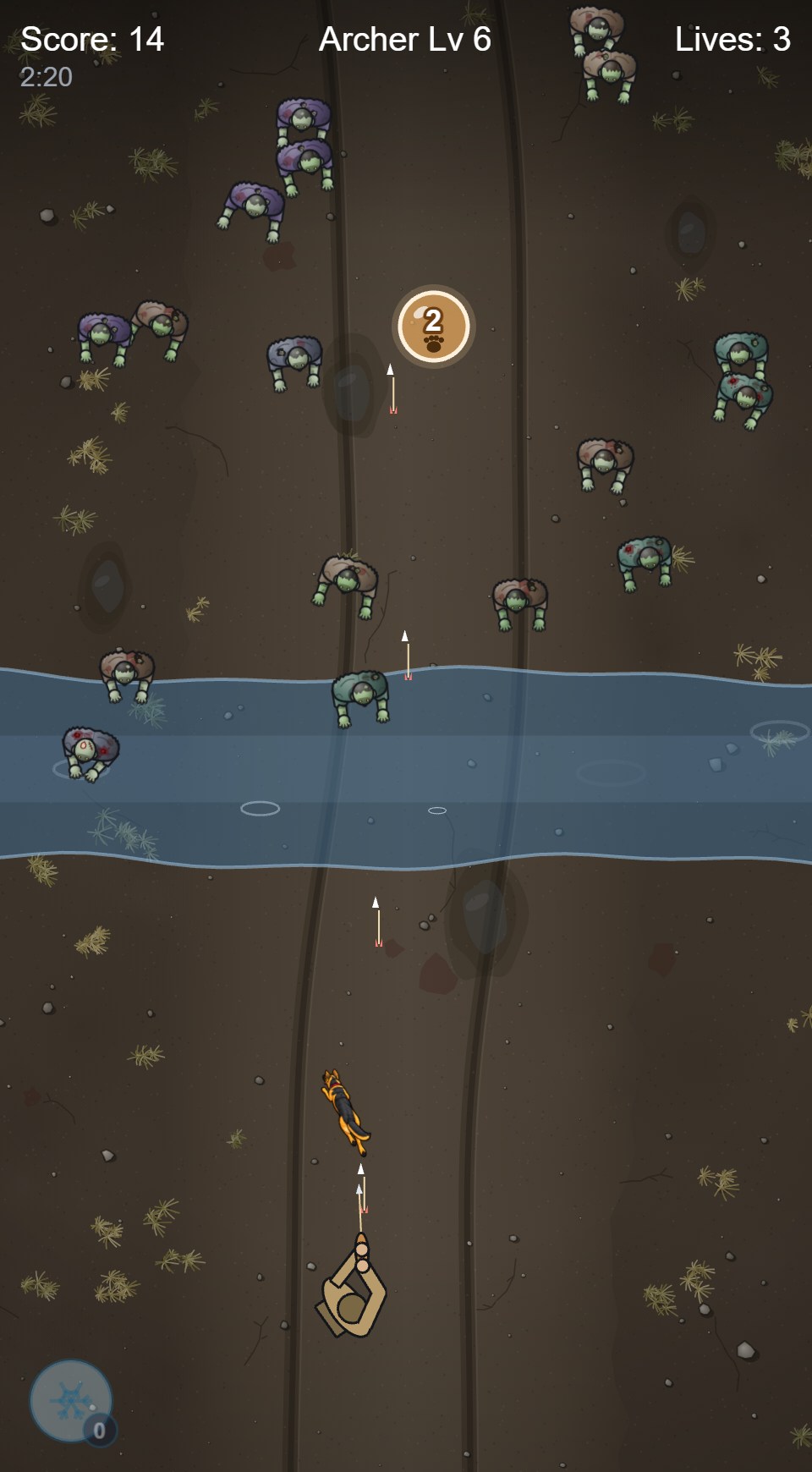 A wide blue strip of water slows zombies while a guard dog fights near the archer.